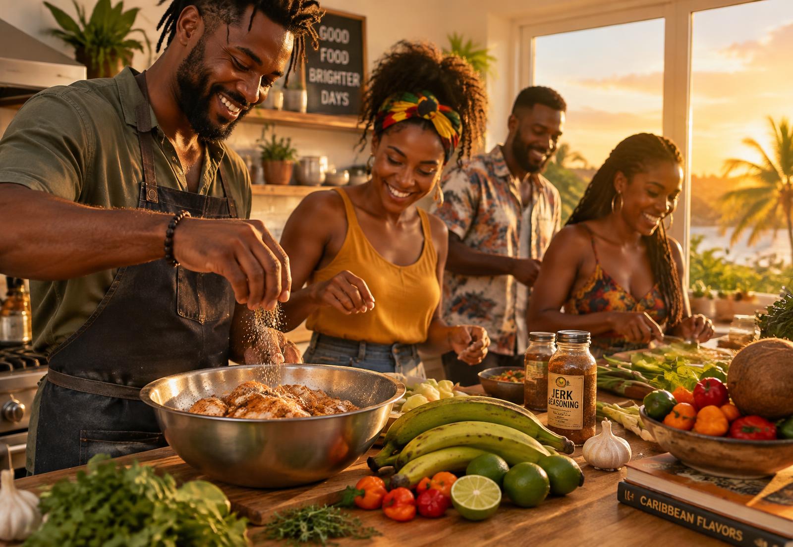 Friends cooking Caribbean food together at sunset
